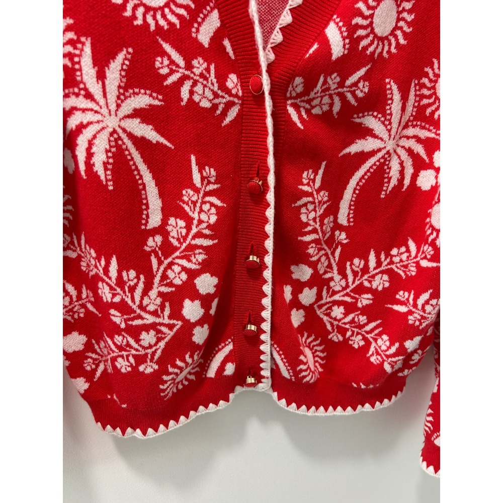 Cynthia Rowley Red White Tropical Palm Tree Scalloped Cotton Cardigan Sweater M - Picture 3 of 9